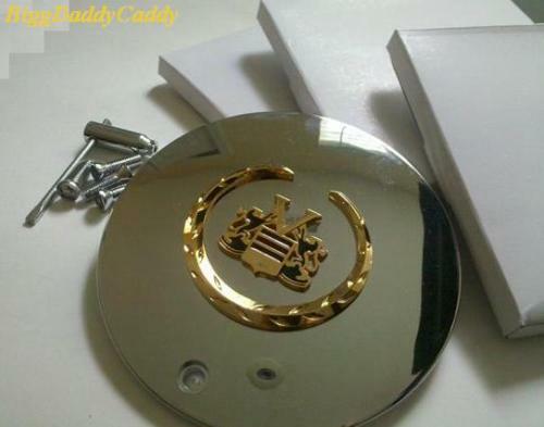 CADILLAC 6 1/4 GOLD VOGUE EMBLEM CENTER CAP W/ SCREW HOLE SET OF 4