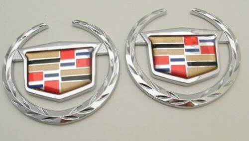 CADILLAC OLD STYLE CHROME WREATH AND CREST EMBLEM PAIR FACTORY GM