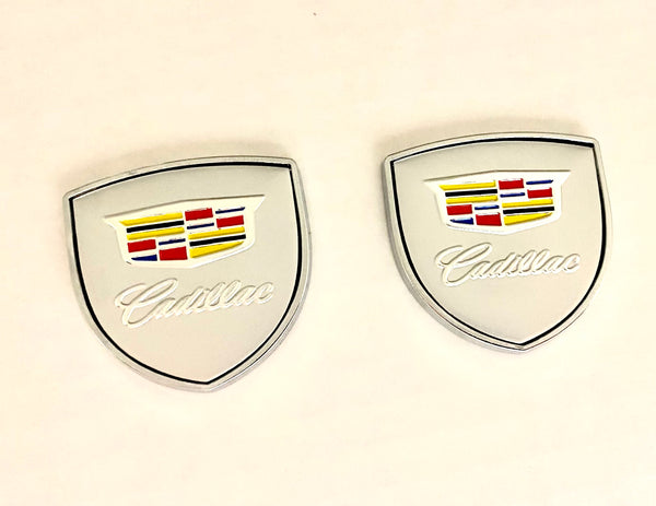 CADILLAC NEW STYLE FENDER CREST BADGES SILVER PAIR